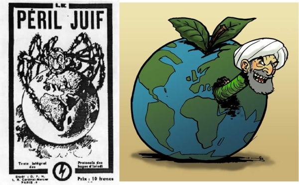 Left is a 1934 cover of a French translation of the Anti-Semitic "Protocols of the Elders of Zion"; Right is a depiction of Muhammad from right-wing French cartoonist Steph Bergol (not one of the Danish cartoons)